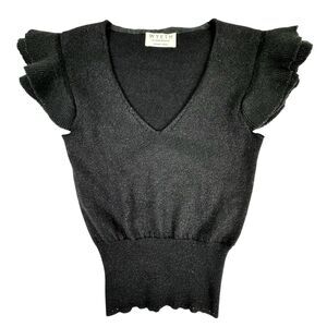Wyeth Cashmere Flutter Sleeve Sweater Womens S Black Metallic Knit V-Neck Ruffle